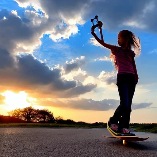 sky,sun,cloud,girl,holding a skateboard,Cartoon,shadow,little dog,nature,sunset,happy,iron