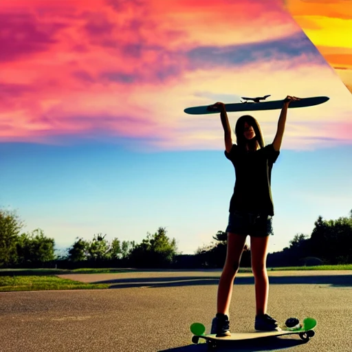 sky,sun,cloud,girl,holding a skateboard,Cartoon,shadow,little dog,nature,sunset,happy,iron,asian face