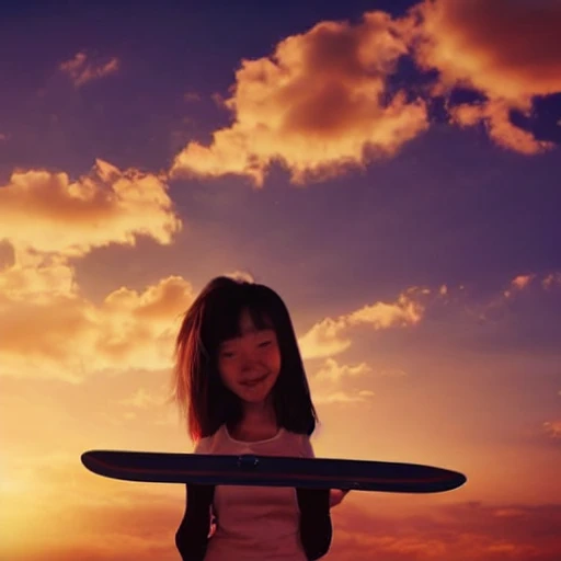 sky,sun,cloud,girl,holding a skateboard,Cartoon,shadow,little dog,nature,sunset,happy,iron,asian face,back view,dog behind