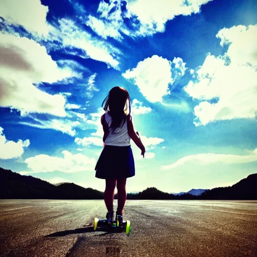 sky,sun,cloud,girl,holding a skateboard,Cartoon,shadow,little dog,nature,sunset,happy,iron,asian face,back view,dog behind,trees, mountain,fly