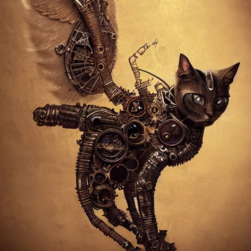 steampunk cybernetic biomechanical cat with wings, 3 d model, unreal engine realistic render, 8 k, micro detail, intricate, elegant, highly detailed, centered, digital painting, artstation, smooth, sharp focus, illustration, artgerm, tomasz alen kopera, wlop , Pencil Sketch, cat