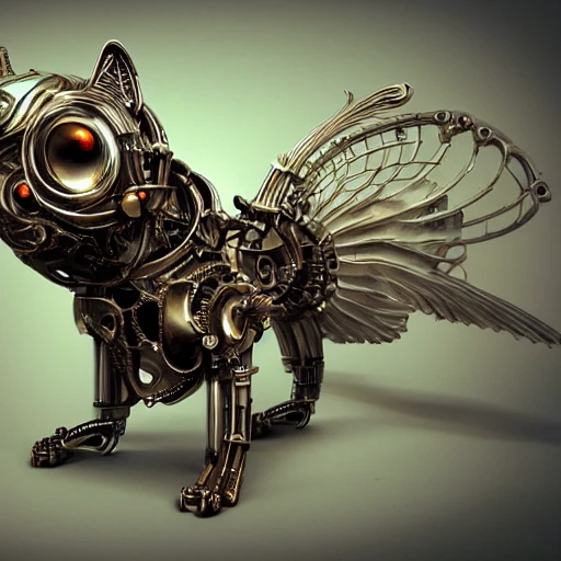 steampunk cybernetic biomechanical cat with wings, 3 d model, unreal engine realistic render, 8 k, micro detail, intricate, elegant, highly detailed, centered, digital painting, artstation, smooth, sharp focus, illustration, artgerm, tomasz alen kopera, wlop , Pencil Sketch, cat