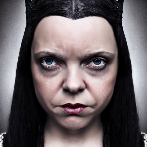 Ultra realistic, high quality, highly detailed photo, close-up portrait of  Wednesday Addams portrayed by a combination of  Angela Merkel:12 and  Christina Ricci:6, long black hair, hopelessness, outdoor,  concept art, character concepts, sharp focus, professional, Hasselblad photography, Ambient Lighting, Photograph by Peter Kemp, trending on artstation