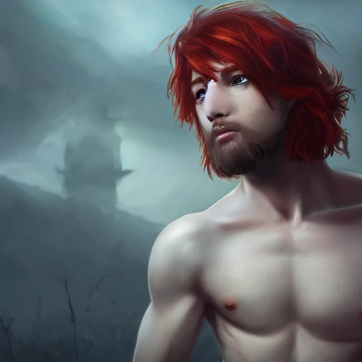 fantasy, male, human, red hair, brown eyes, detailed, 4k, workshop, cinematic