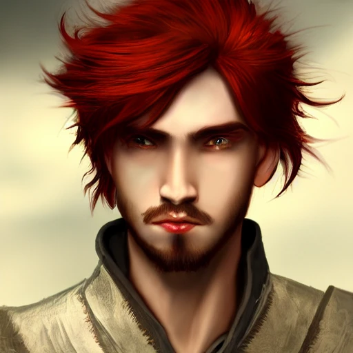 fantasy, male, human, red hair, brown eyes, detailed, 4k, workshop, cinematic