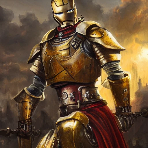 medieval ironman, epic lighting, steampunk, war scenario, entire figure, Oil Painting, highly detailed, photorealistic