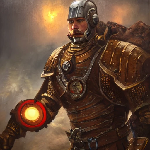 medieval ironman, epic lighting, steampunk, war scenario, medium shot, Oil Painting, hyper detailed, 8k realistic, trending on art station, digital art