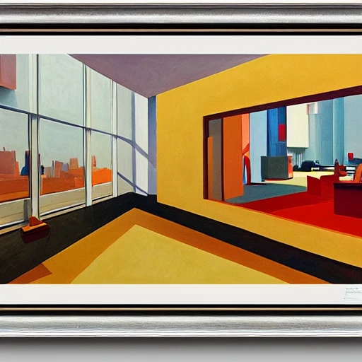 Interior shot of contemporary museum with abstarct arts hanging on the wall, very coherent, painted by Edward Hopper, painted by James Gilleard, airbrush, art by JamesJean