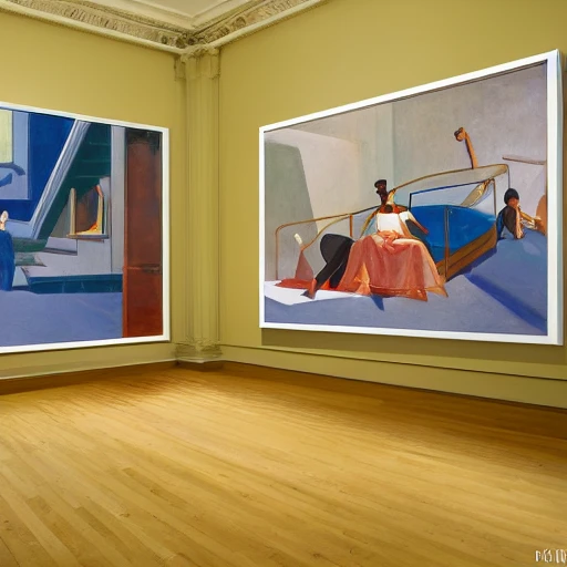 Interior shot of contemporary museum with abstarct arts hanging on the wall, very coherent, painted by Edward Hopper, painted by James Gilleard, airbrush, art by JamesJean, Water Color