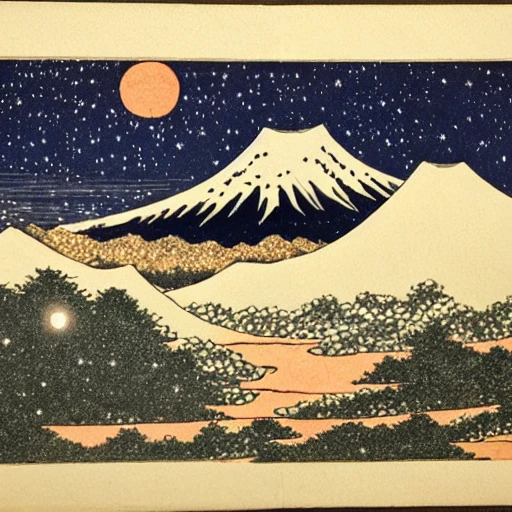 falling star in a night sky over a forest in japan with a snowy mountain in the background, hokusai style