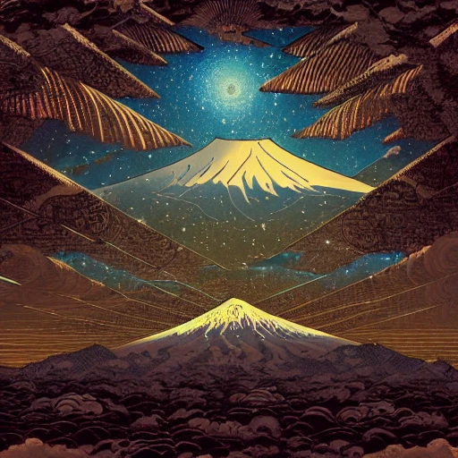 steampunk illustration of Fuji mountain, 8k hyper detailed, stars in the sky over a forest in japan, trending on art station