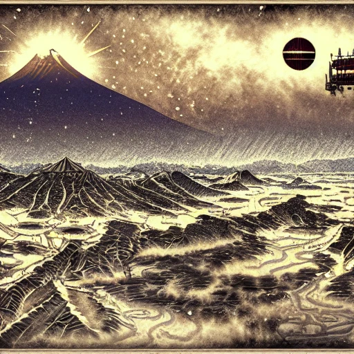 steampunk illustration of Fuji mountain, 8k hyper detailed, stars in the sky over an iced lake in japan, trending on art station