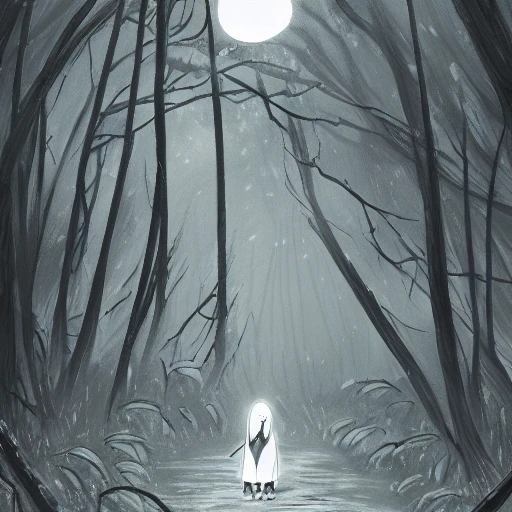 hand drawn illustration of Tsukuyomi in the dark foggy woods wearing a white mask, vivid color, trending on art station, digital art, 8k hyper detailed, cinematic lightingg