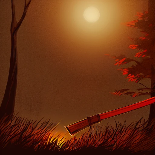 hand drawn illustration of a katana shining near the fire, cinematic lighting, hyper detailed, foggy night, dark wood