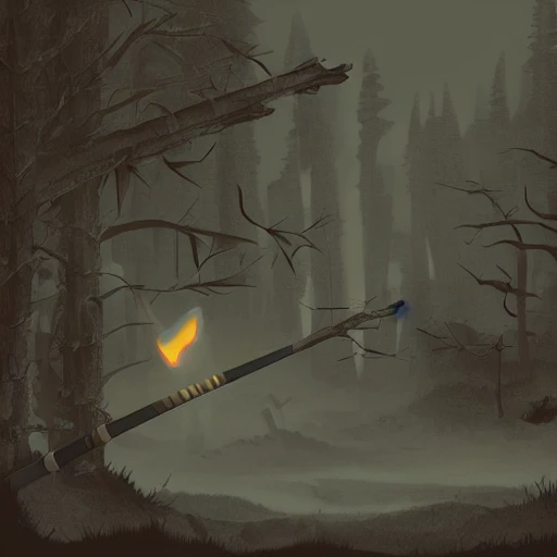 hand drawn illustration of a katana shining near the fire, cinematic lighting, hyper detailed, foggy night, dark wood