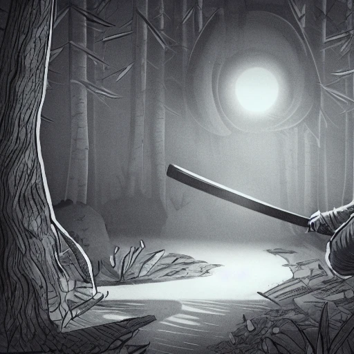 hand drawn illustration of a katana shining near the fire, cinematic lighting, hyper detailed, foggy night, dark wood