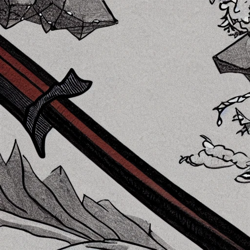 hand drawn illustration close up of a katana shining near the fire, cinematic lighting, hyper detailed, foggy night, dark wood