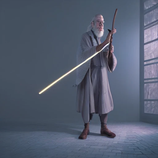 old wizard with a holy magic glowing stick, standing in the dark near a lamp, cinematic lighting, hyper detailed, 8k, trending on art station, , 3D