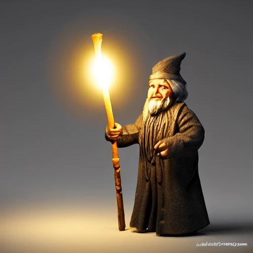 miniature of an old wizard with a holy magic glowing stick, standing in the dark near a lamp, cinematic lighting, hyper detailed, 8k, trending on art station, , 3D