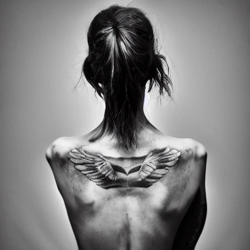 woman, back, naked, strange, full body, tattooed, photo, ambient light, Nikon 15mm f/1.8G, by Lee Jeffries, Alessio Albi, Adrian Kuipers
