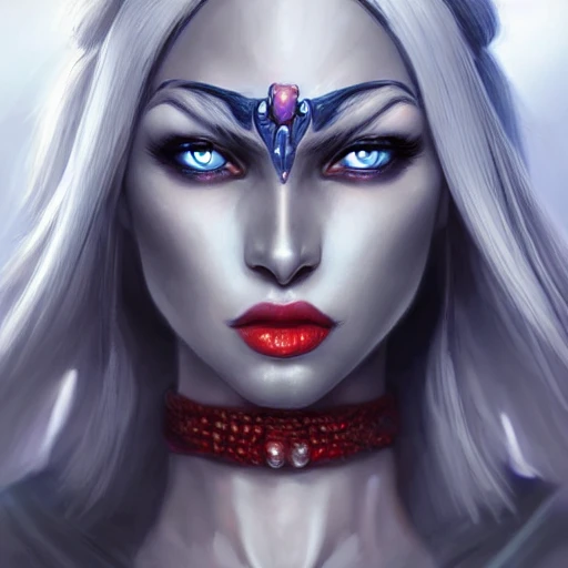 beautiful perfect face, drow, viconia, detailled blue-dark skin, baldur's gate, perfect eyes, by Stanley Artgerm Lau, Very detailed, white haired, red eyes