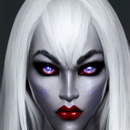 beautiful perfect face, drow, viconia, detailled black bleu skin, baldur's gate, perfect eyes, by Stanley Artgerm Lau, Very detailed, white haired, red eyes