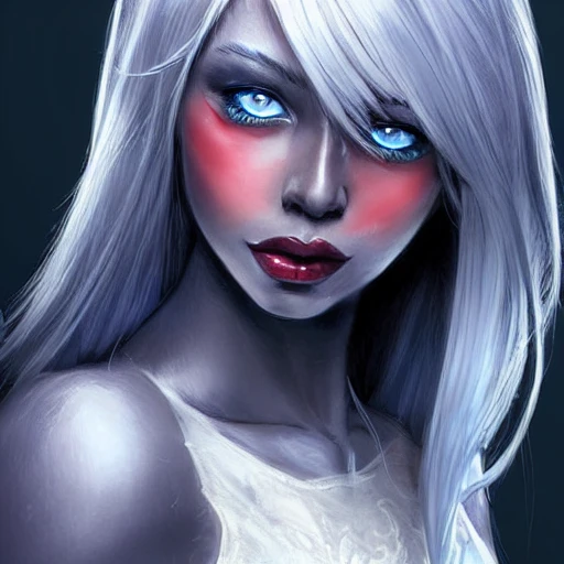 beautiful perfect face, drow, viconia, detailled dark bleu skin, baldur's gate, perfect eyes, by Stanley Artgerm Lau, Very detailed, white haired, red eyes