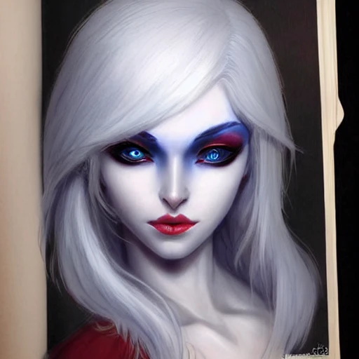 beautiful perfect face, drow, viconia, detailled dark bleu skin, baldur's gate, perfect eyes, by Stanley Artgerm Lau, Very detailed, white haired, red pupils