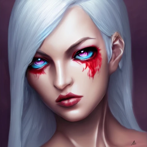 beautiful perfect face, drow, viconia, detailled dark bleu skin, baldur's gate, perfect eyes, by Stanley Artgerm Lau, Very detailed, white haired, red pupils, sexy