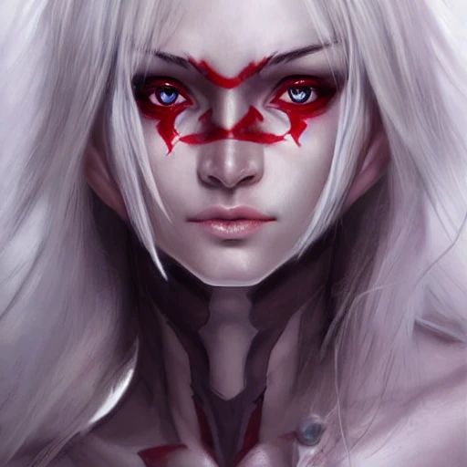 beautiful perfect face, drow, detailled face, baldur's gate, perfect eyes, by Stanley Artgerm Lau, Very detailed, white haired, red eyes