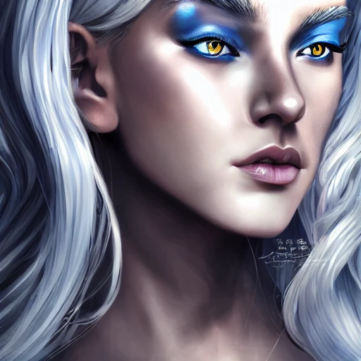 Very detailed. intricate, elegant, highly detailed, trending on artstation, digital art, perfect face, perfect eyes, perfect composition, by Stanley Artgerm Lau, beautiful perfect face, drow, viconia, bleu skin, Baldur's gate, white haired