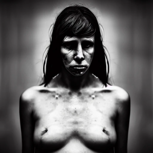 sick woman, wet, fear, scream, fog, full body, naked, hot, tits, photo, ambient light, Nikon 15mm f/1.8G, by Lee Jeffries, Alessio Albi, Adrian Kuipers