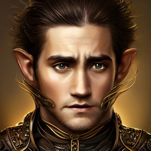Very detailed. intricate, elegant, highly detailed, trending on artstation, digital art, perfect face, perfect eyes, perfect composition, by Stanley Artgerm Lau, beautiful perfect face, Baldur's gate, brown skin, elf, jake gyllenhaal, man