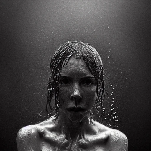 40 years old naked woman, huge tits, strange pose, front, facing camera, begging, wet, fear, fog, photo, ambient light, Nikon 15mm f/1.8G, by Lee Jeffries, Alessio Albi, Adrian Kuipers
