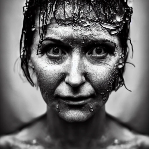 40 years old naked woman, huge tits, strange pose, front, facing camera, begging, wet, fear, fog, photo, ambient light, Nikon 15mm f/1.8G, by Lee Jeffries, Alessio Albi, Adrian Kuipers