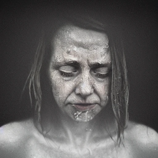 40 years old naked woman, facing camera, begging, wet, fear, fog, photo, ambient light, Nikon 15mm f/1.8G, by Lee Jeffries, Alessio Albi, Adrian Kuipers