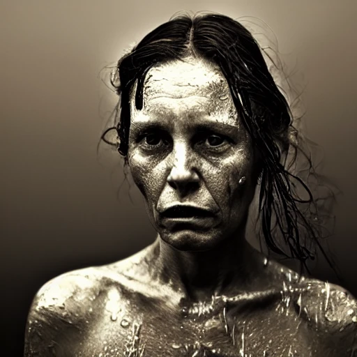 40 years old naked woman, facing camera, thin, tits, begging, wet, fear, fog, photo, ambient light, Nikon 15mm f/1.8G, by Lee Jeffries, Alessio Albi, Adrian Kuipers