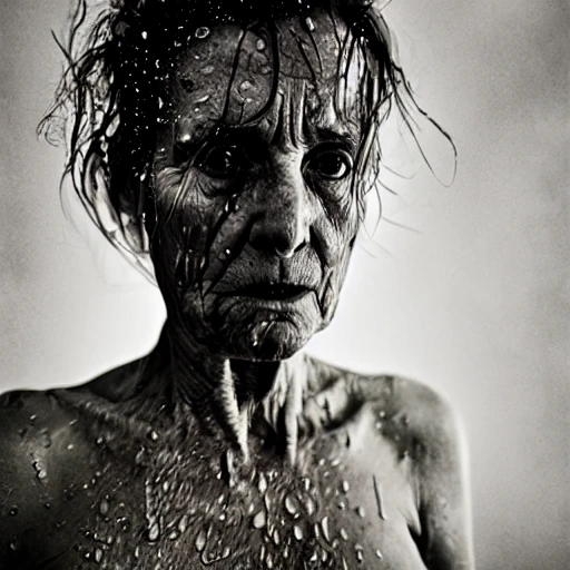 50 years old naked woman, facing camera, thin, tits, begging, wet, fear, fog, photo, ambient light, Nikon 15mm f/1.8G, by Lee Jeffries, Alessio Albi, Adrian Kuipers