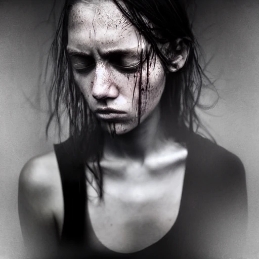 female portrait, neck, tits, shoulders, sad face, wet, fear, fog, photo, ambient light, Nikon 15mm f/1.8G, by Lee Jeffries, Alessio Albi, Adrian Kuipers