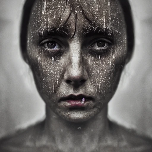 naked female portrait, neck, tits, shoulders, sad face, wet, fear, fog, photo, ambient light, Nikon 15mm f/1.8G, by Lee Jeffries, Alessio Albi, Adrian Kuipers