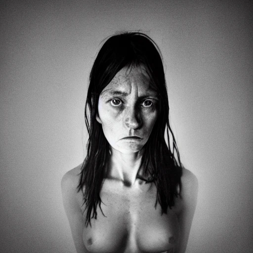 naked female portrait, neck, tits, shoulders, sad face, photo, hard light, Nikon 15mm f/1.8G, by Lee Jeffries, Alessio Albi, Adrian Kuipers