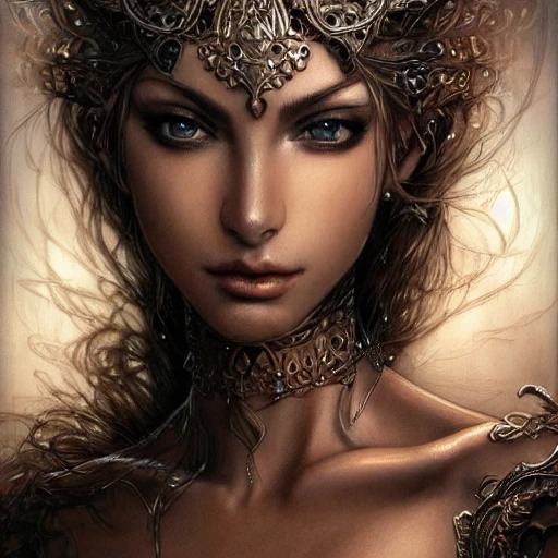 Very detailed. intricate, elegant, highly detailed, trending on artstation, digital art, perfect face, perfect brown eyes, perfect composition, by Luis Royo, beautiful perfect face, Baldur's gate, brown skin, blond hair