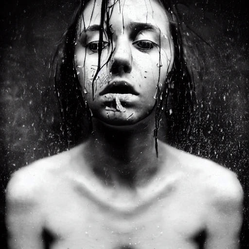 20 years old naked woman, facing camera, tits, open mouth, wet, fear, fog, evil, darkness,  photo, ambient light, Nikon 15mm f/1.8G, by Lee Jeffries, Alessio Albi, Adrian Kuipers