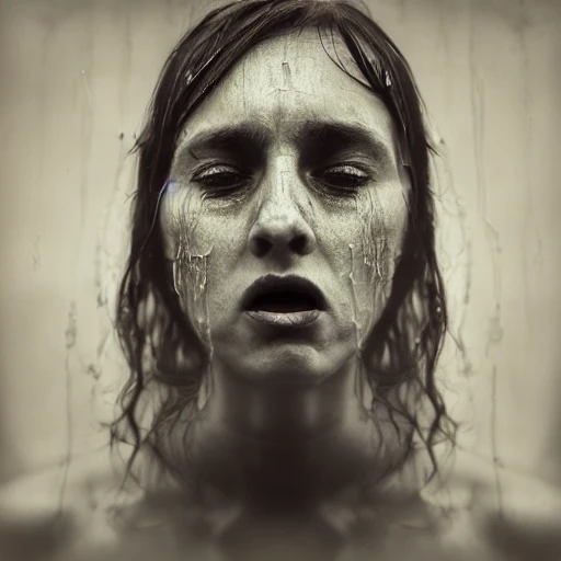 30 years old naked woman, facing camera, tits, open mouth, wet, fear, fog, evil, darkness,  photo, ambient light, Nikon 15mm f/1.8G, by Lee Jeffries, Alessio Albi, Adrian Kuipers