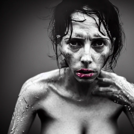 30 years old naked woman upper body, facing camera, tits, love, open mouth, wet, fear, fog, evil, darkness,  photo, ambient light, Nikon 15mm f/1.8G, by Lee Jeffries, Alessio Albi, Adrian Kuipers