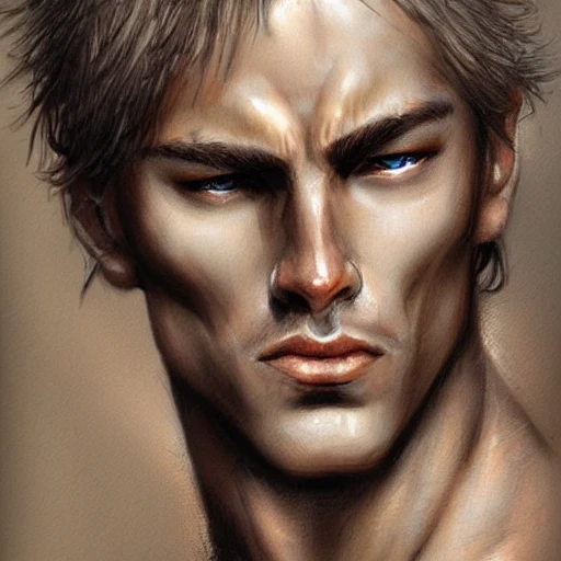 Very detailed male portrait. intricate, elegant, highly detailed, trending on artstation, digital art, perfect face, perfect brown eyes, perfect composition, by Luis Royo, beautiful perfect face, Baldur's gate, brown skin, blond hair