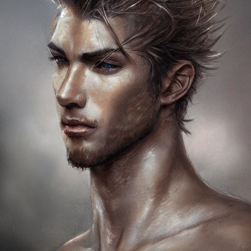 Very detailed male portrait. intricate, elegant, highly detailed, trending on artstation, digital art, perfect face, perfect brown eyes, perfect composition, by Luis Royo, beautiful perfect face, Baldur's gate, brown skin, blond hair
