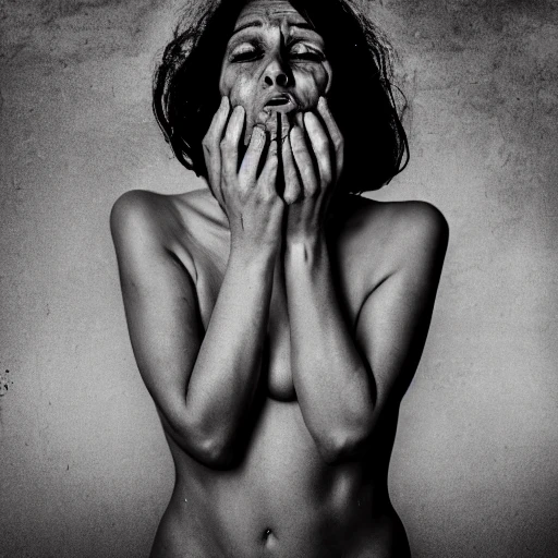 30 years old naked woman, not facing camera, tits, wrinkles, full body, stockings, love, open mouth, wet, fear, fog, evil, darkness,  photo, ambient light, Nikon 50mm f/1.8G, by Lee Jeffries