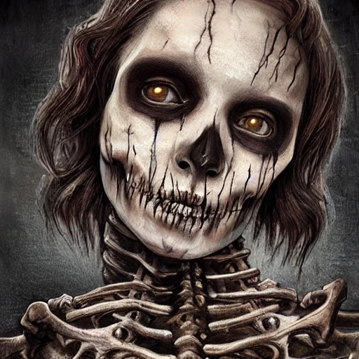 hyper detailed realistic beautiful gothic skeleton, brown wooden hair curls, hyper focused, symmetric, centered, headshot, low angle, decorated with mud and blood, muted colors. floating underwater, intricate extremely detailed horror intricate elegant portrait detailed skinny face coherent face highly detailed digital painting, big dead eyes, professional, HP Lovecraft Diego Gisbert Llorens horror by H.R. Giger