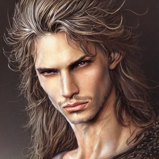 Very detailed male portrait. intricate, elegant, highly detailed, trending on artstation, digital art, perfect face, perfect brown eyes, perfect composition, by Luis Royo, Baldur's gate, Raistlin Majere, brown skin, long white haired